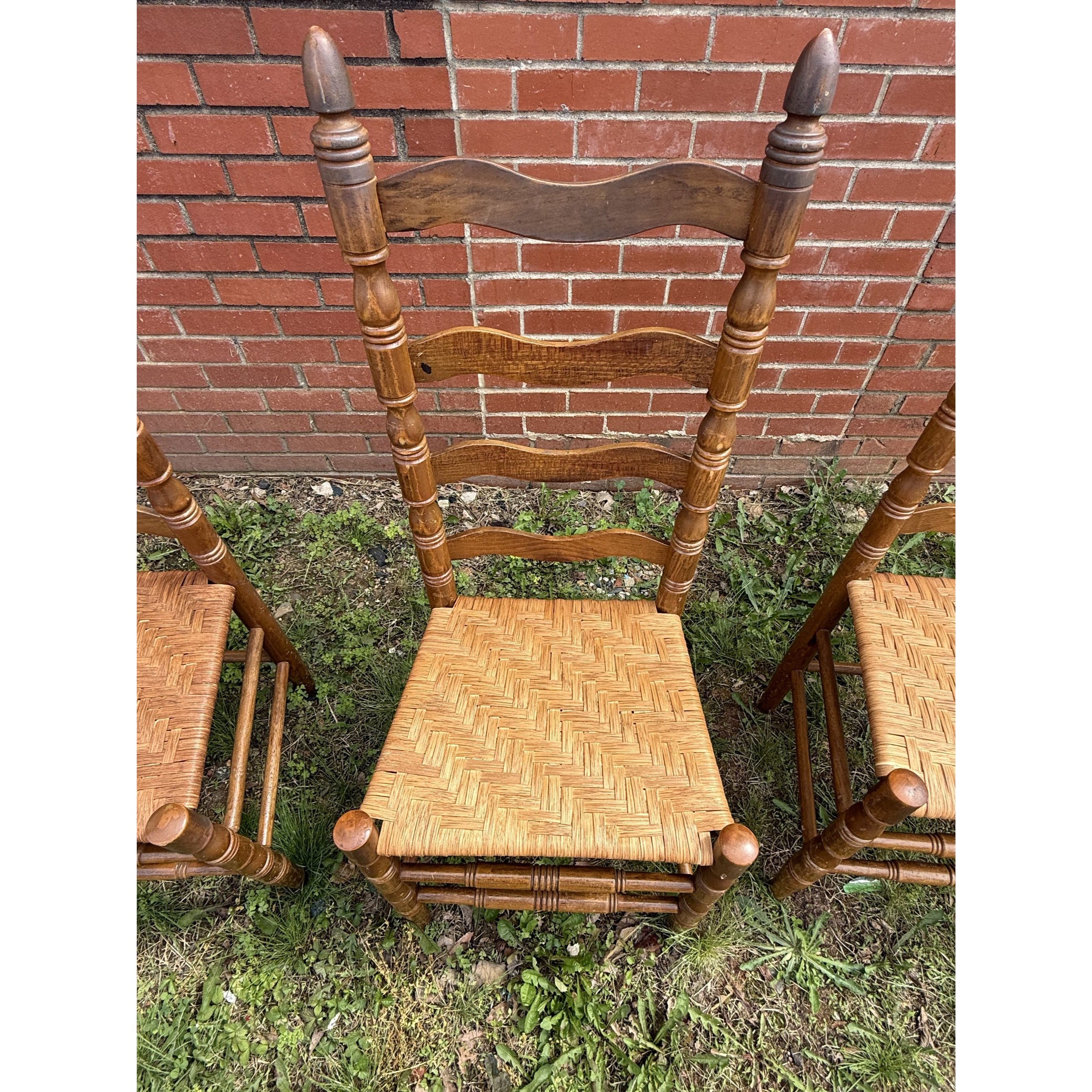 Ladderback Dining Kitchen Chairs Set 4 Woven Rush Seats Wooden Vintage Farmhouse Primitive Country