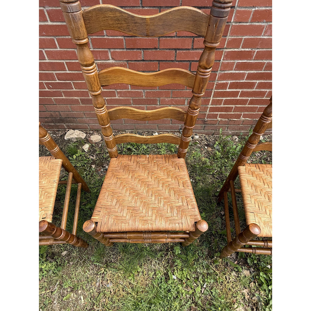 Ladderback Dining Kitchen Chairs Set 4 Woven Rush Seats Wooden Vintage Farmhouse Primitive Country
