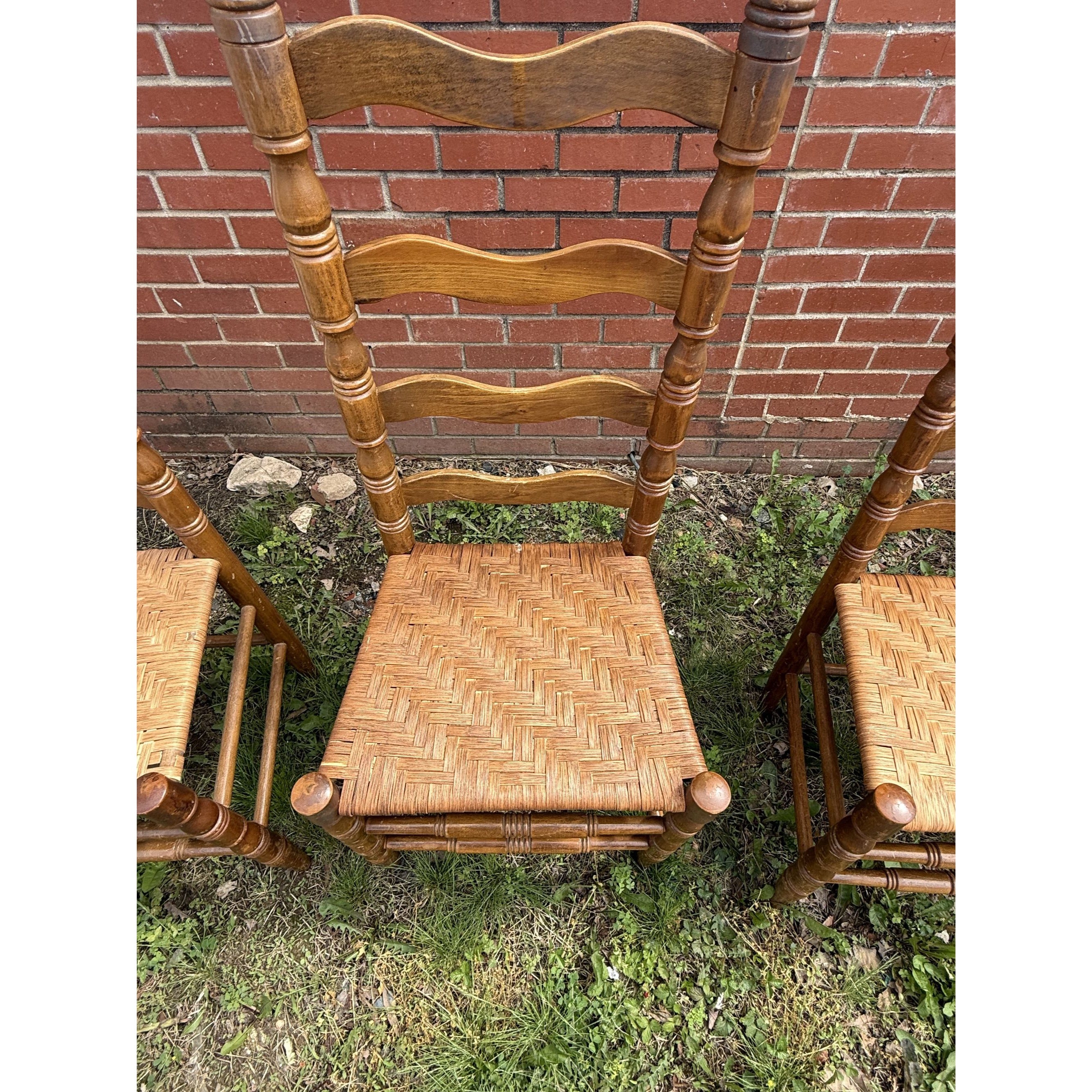 Ladderback Dining Kitchen Chairs Set 4 Woven Rush Seats Wooden Vintage Farmhouse Primitive Country