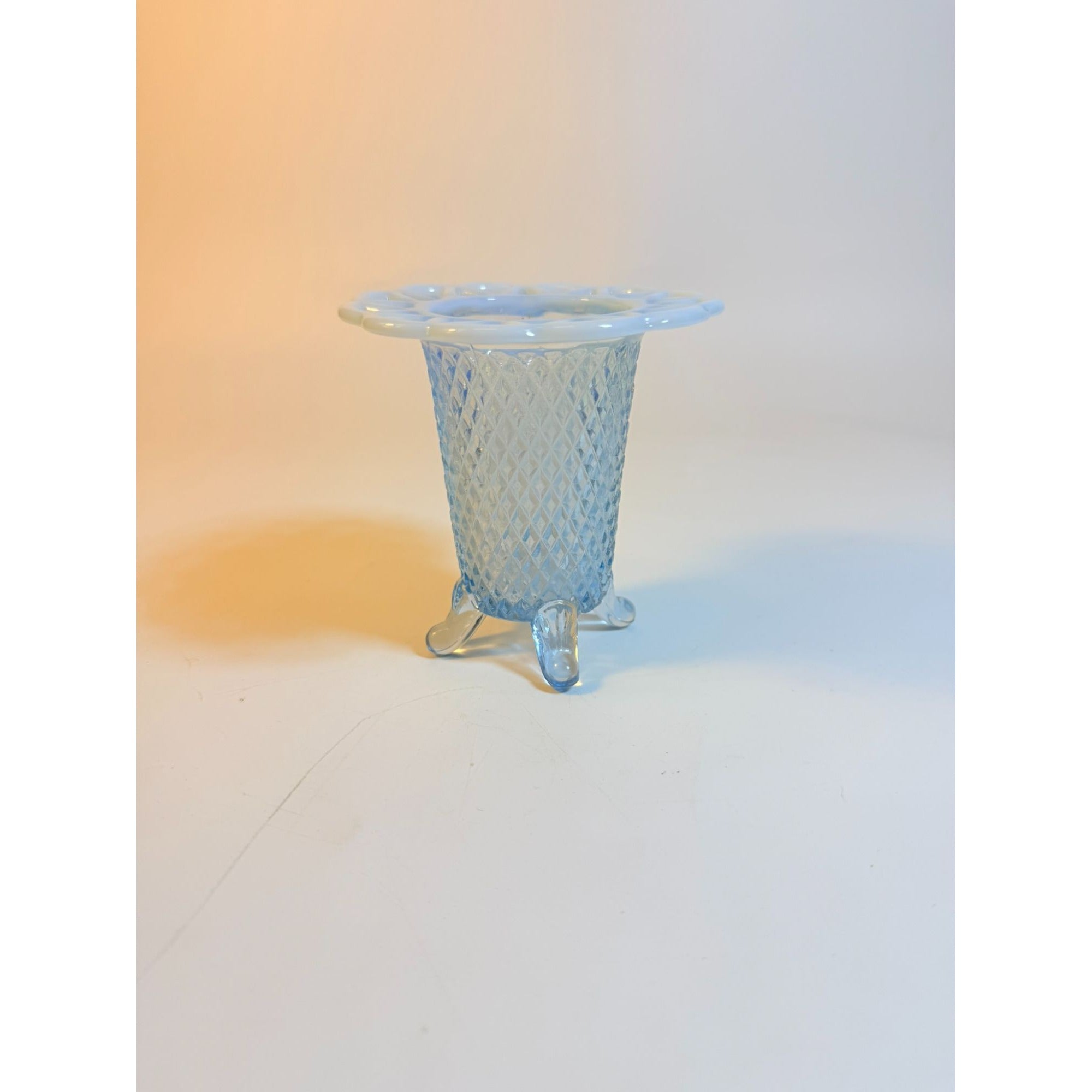 Footed Bud Vase Imperial Glass Lattice Diamond Pattern Lace Katy Blue Flat Pierced Lace Edge Vintage Glassware Collectible Home Decor