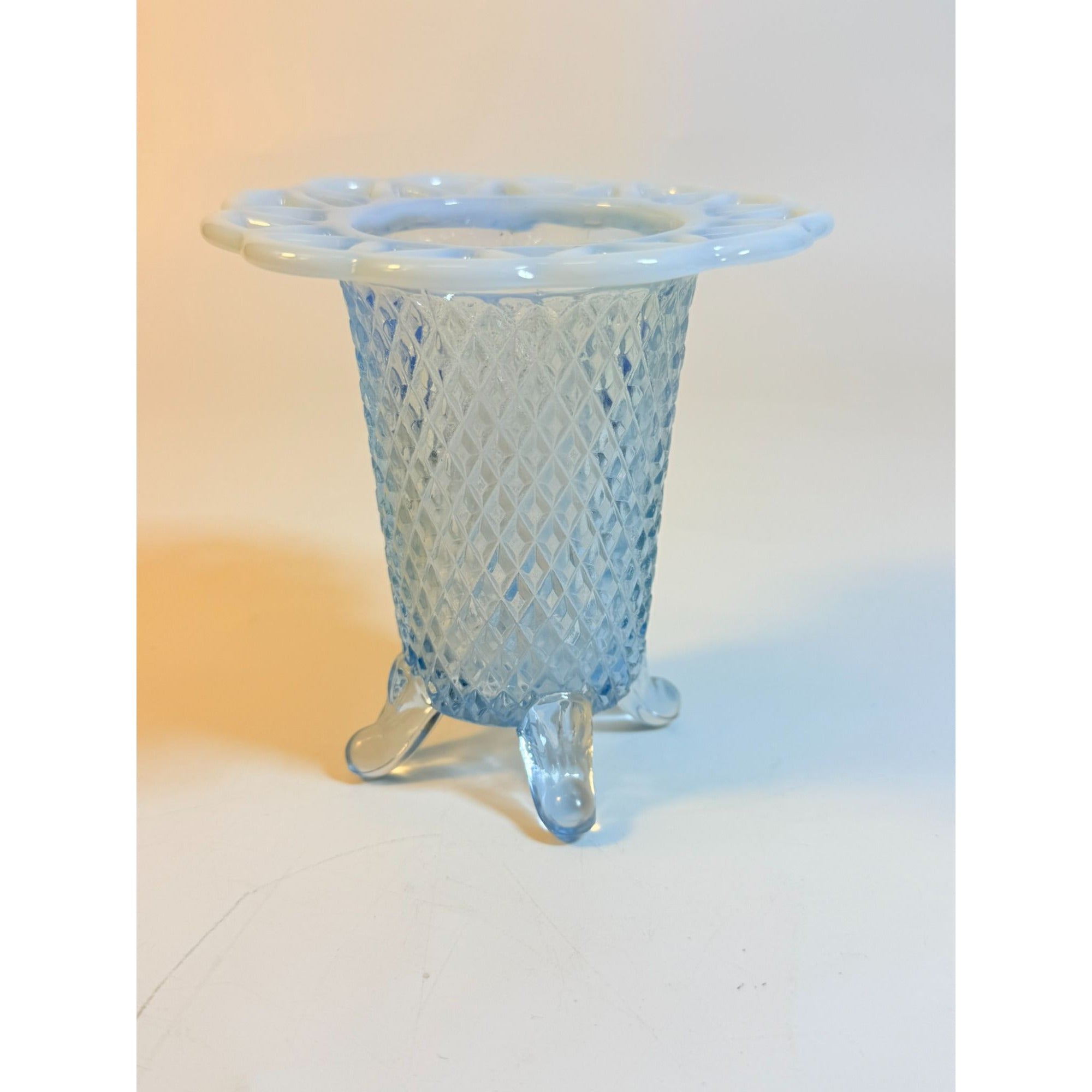 Footed Bud Vase Imperial Glass Lattice Diamond Pattern Lace Katy Blue Flat Pierced Lace Edge Vintage Glassware Collectible Home Decor