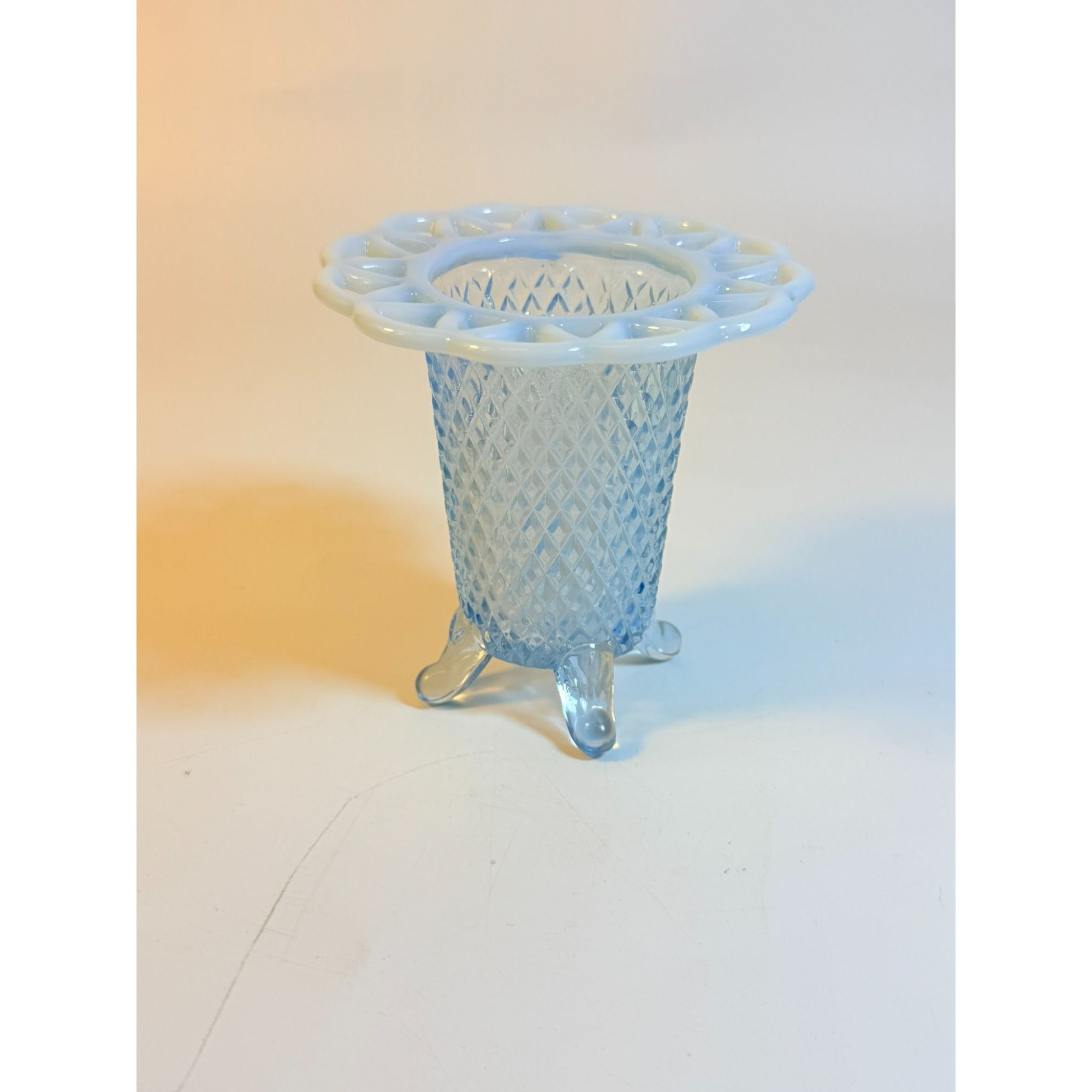 Footed Bud Vase Imperial Glass Lattice Diamond Pattern Lace Katy Blue Flat Pierced Lace Edge Vintage Glassware Collectible Home Decor