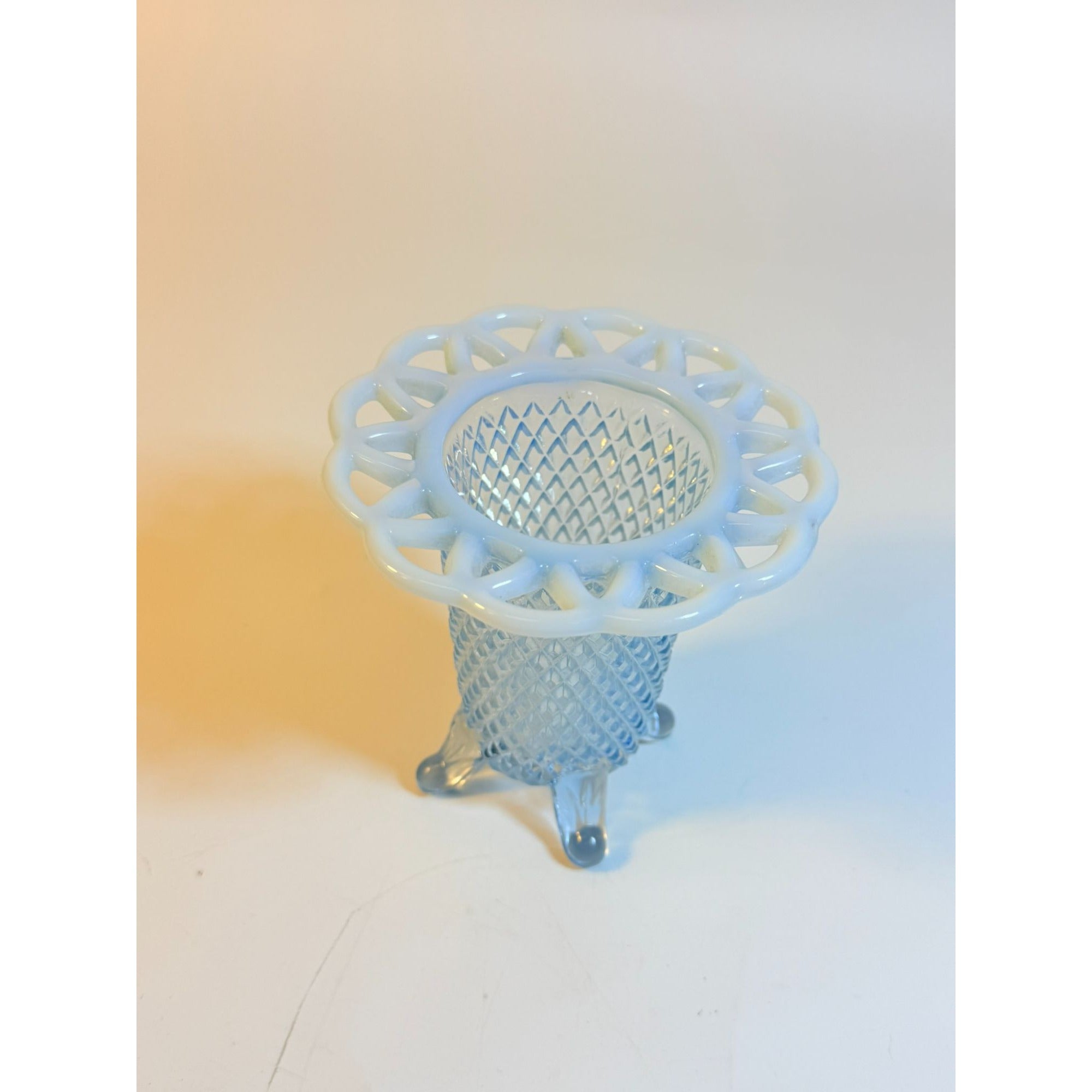 Footed Bud Vase Imperial Glass Lattice Diamond Pattern Lace Katy Blue Flat Pierced Lace Edge Vintage Glassware Collectible Home Decor