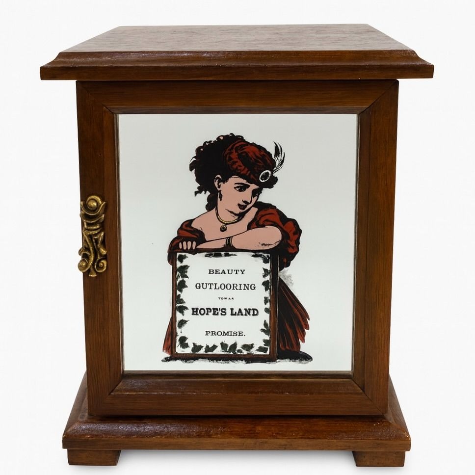 Wooden Jewelry Box Western Saloon Madame Woman Mae West Style Mirror  "Beauty Outlooking Towards Hopes Land Promise" Boudier Vanity Vintage