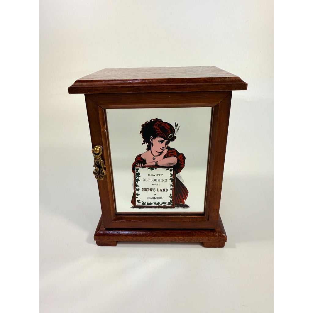 Wooden Jewelry Box Western Saloon Madame Woman Mae West Style Mirror  "Beauty Outlooking Towards Hopes Land Promise" Boudier Vanity Vintage
