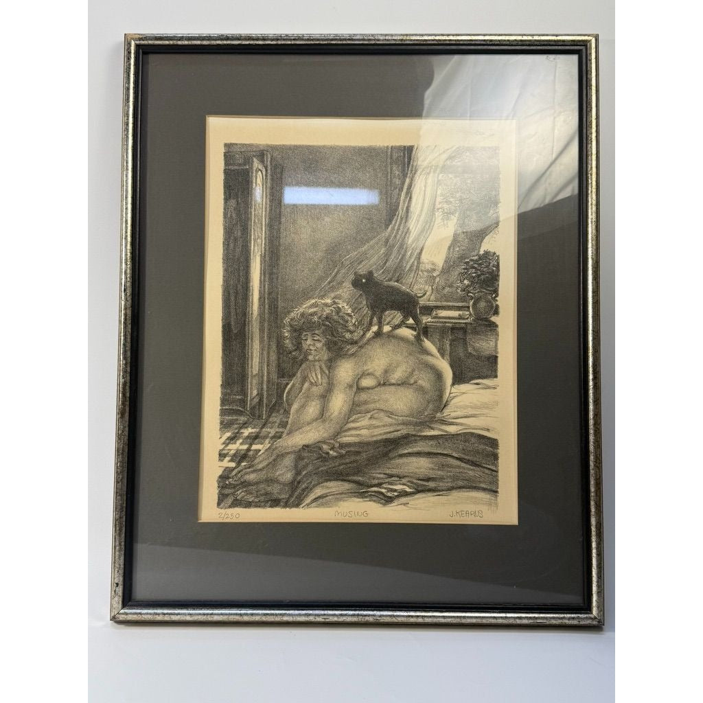 Surreal Framed Lithograph Musing James Kearns Original Lady on Bed  Cat 2/250 Signed Art Wall Decor Limited Impressions Unique  Collectible