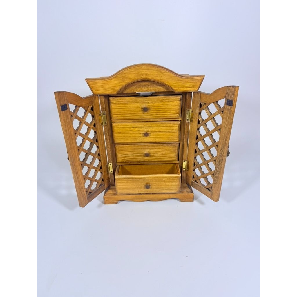 Wood Musical Jewelry Box Royal Sealy Japan Lattice Doors Table top Dresser Boudior Storage Holder Cabinet Music Box