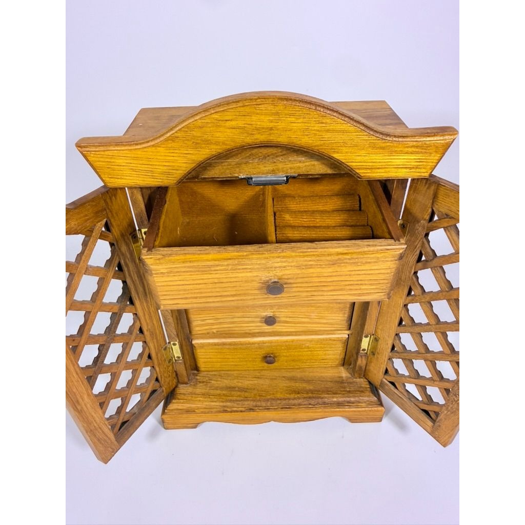 Wood Musical Jewelry Box Royal Sealy Japan Lattice Doors Table top Dresser Boudior Storage Holder Cabinet Music Box