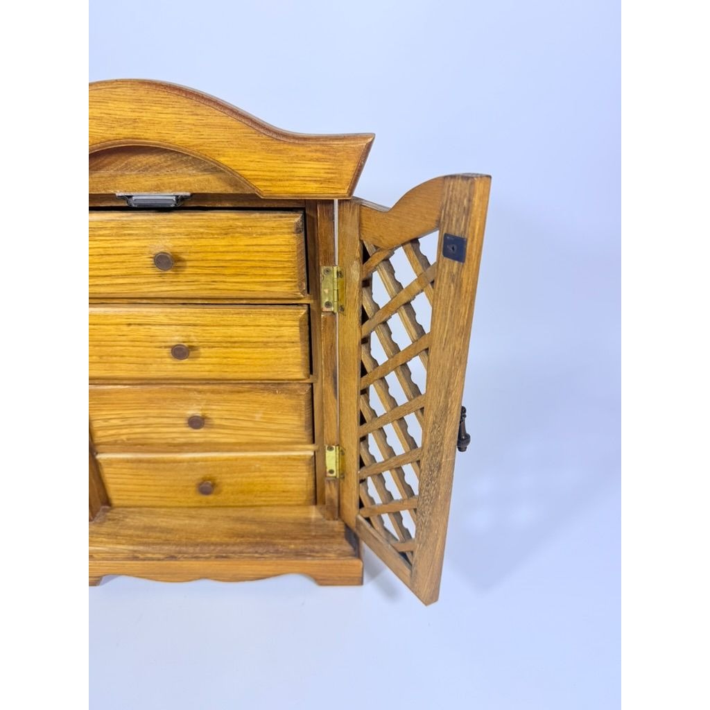 Wood Musical Jewelry Box Royal Sealy Japan Lattice Doors Table top Dresser Boudior Storage Holder Cabinet Music Box