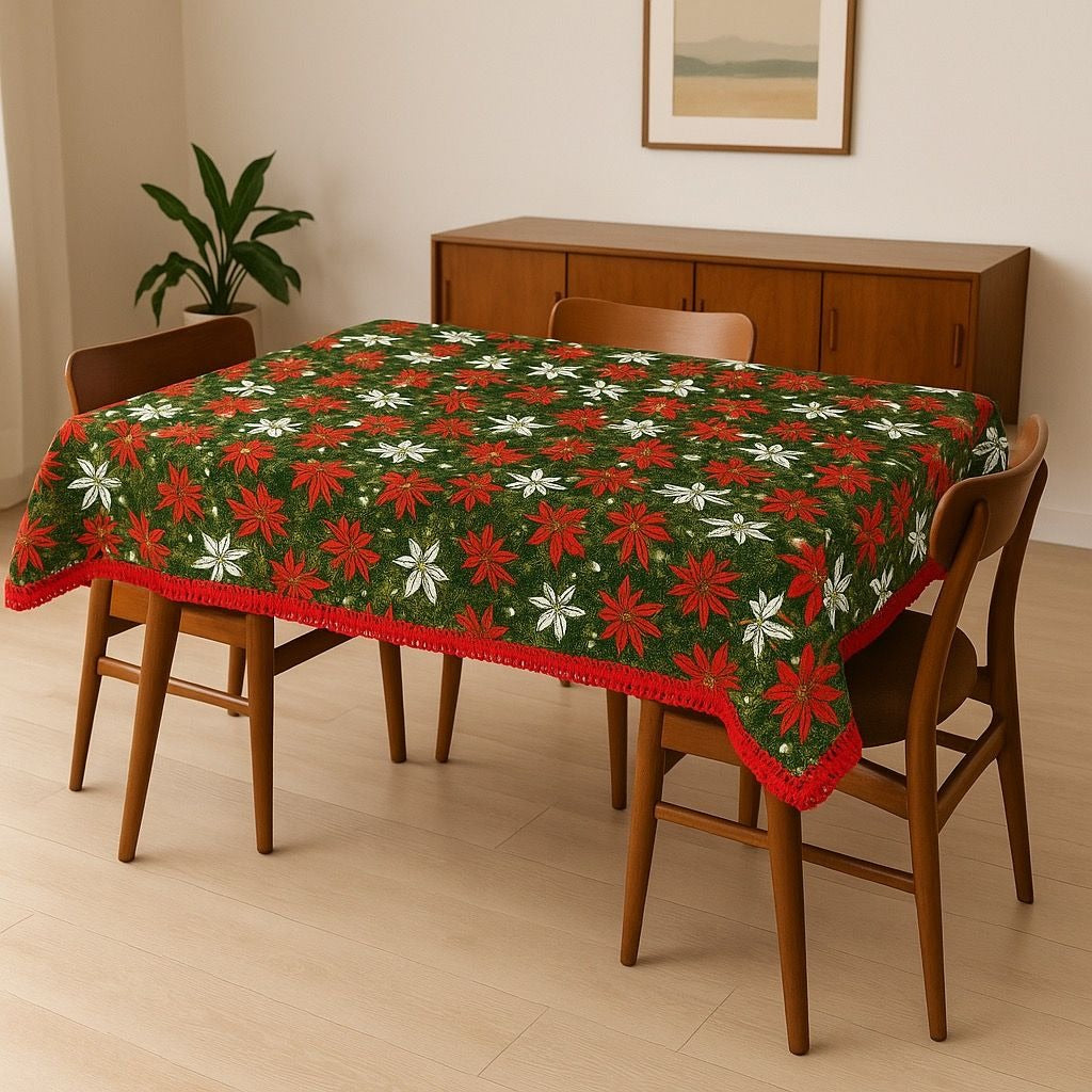 Christmas Poinsettia Fabric Table Cloth Linen Serving Kitchen Dining 70s Groovy Home Decor Fringe Trim