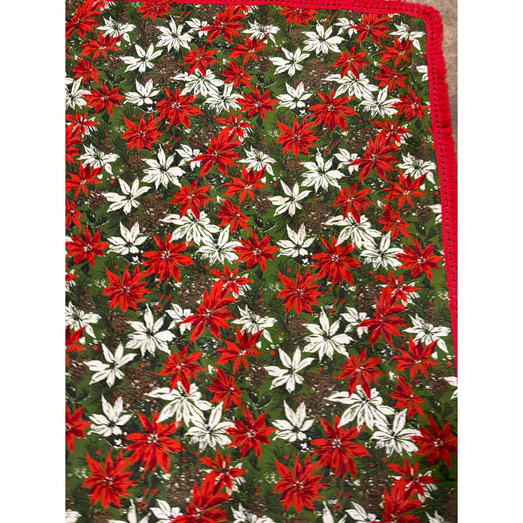Christmas Poinsettia Fabric Table Cloth Linen Serving Kitchen Dining 70s Groovy Home Decor Fringe Trim