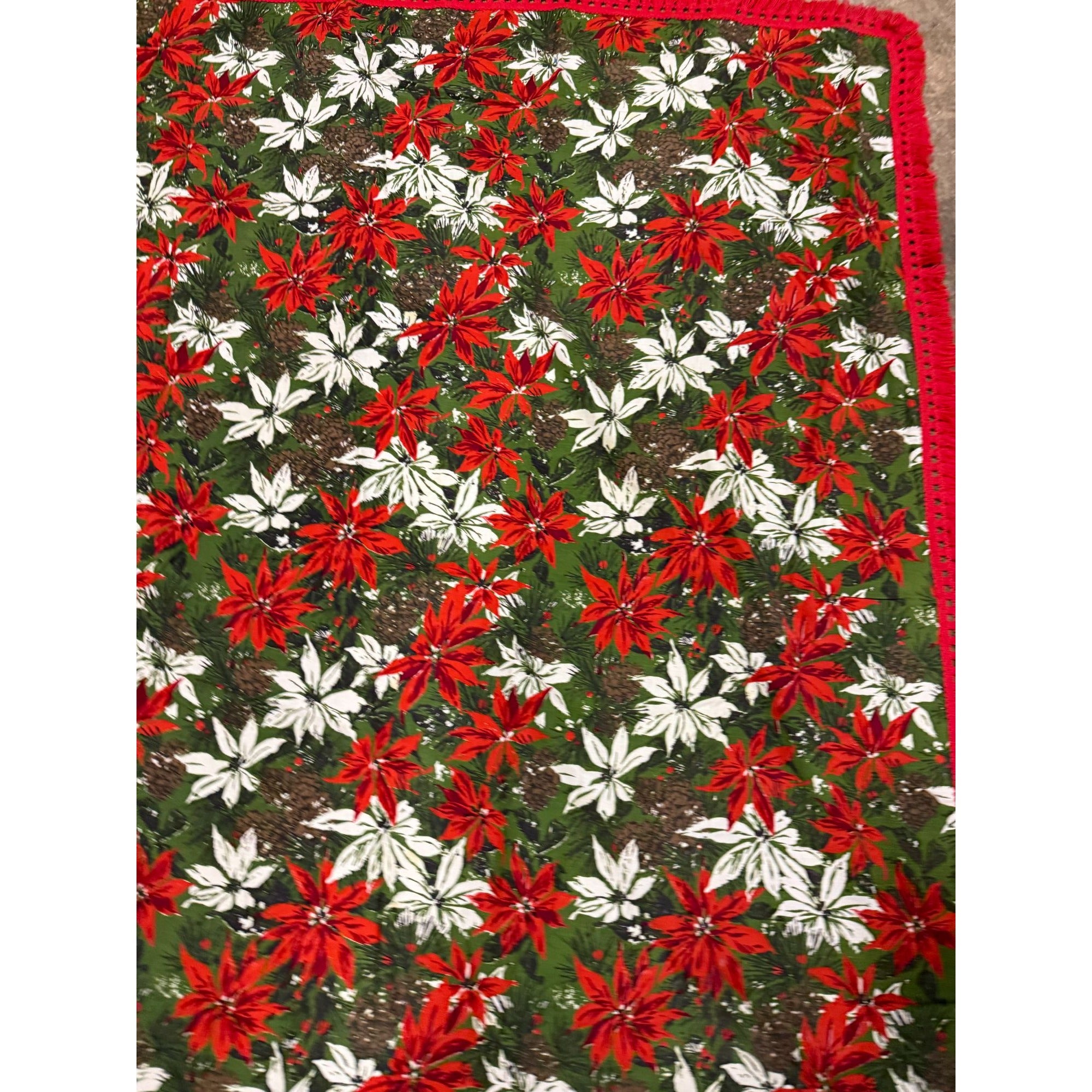 Christmas Poinsettia Fabric Table Cloth Linen Serving Kitchen Dining 70s Groovy Home Decor Fringe Trim