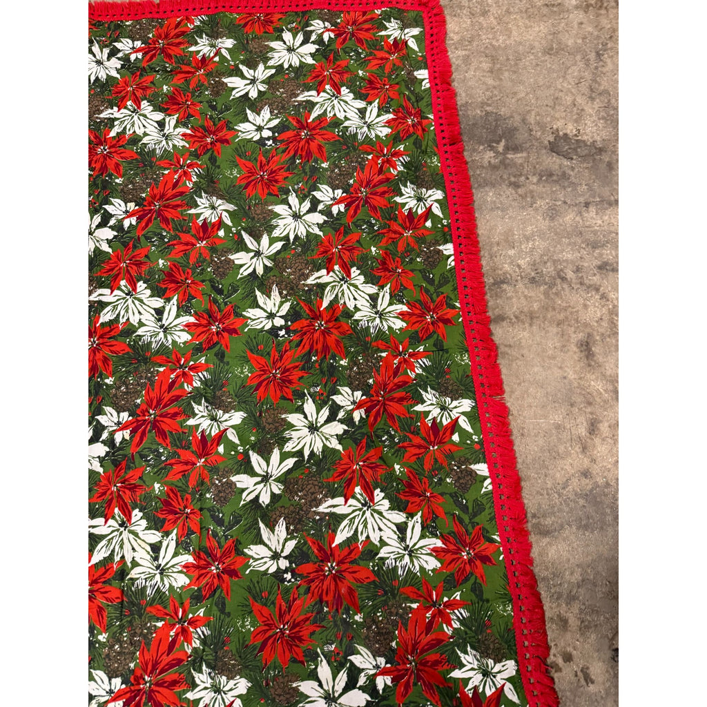 Christmas Poinsettia Fabric Table Cloth Linen Serving Kitchen Dining 70s Groovy Home Decor Fringe Trim