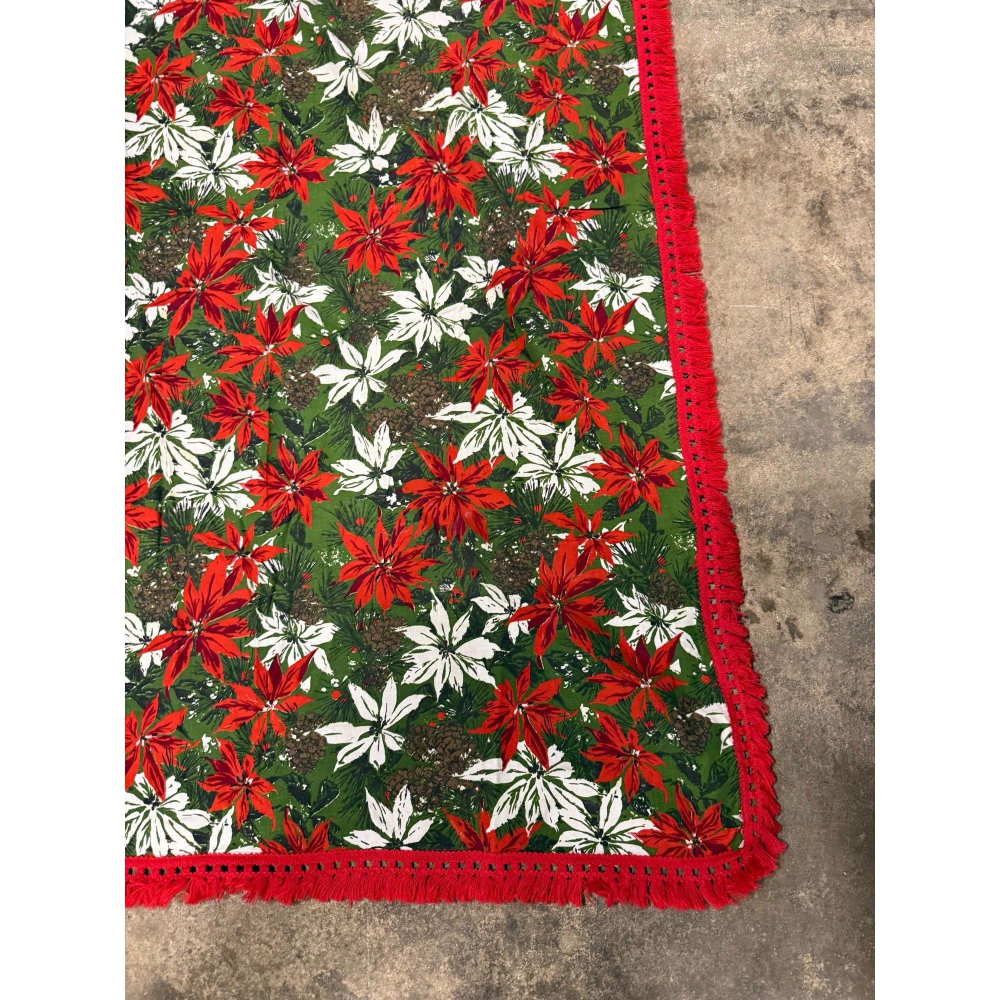 Christmas Poinsettia Fabric Table Cloth Linen Serving Kitchen Dining 70s Groovy Home Decor Fringe Trim