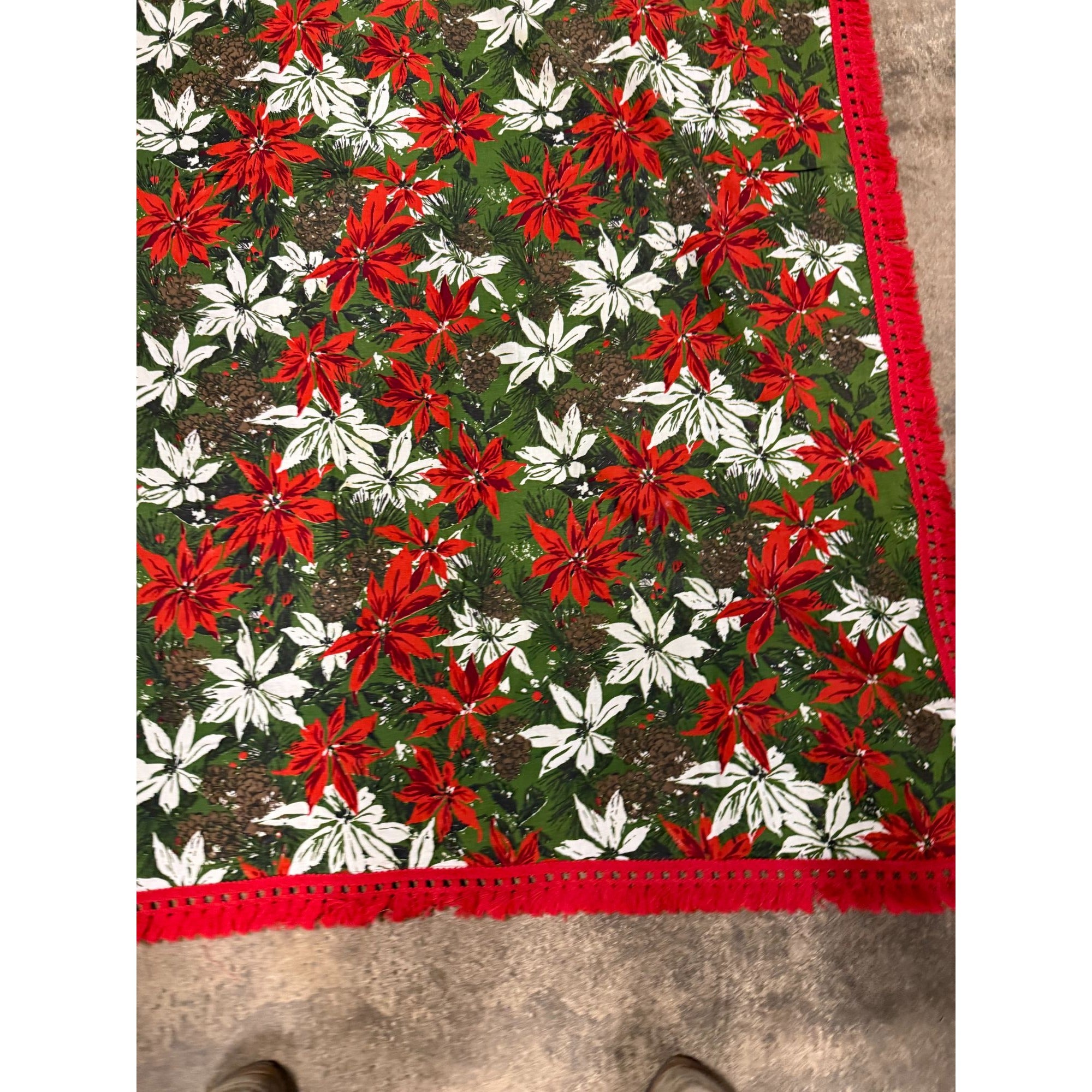 Christmas Poinsettia Fabric Table Cloth Linen Serving Kitchen Dining 70s Groovy Home Decor Fringe Trim