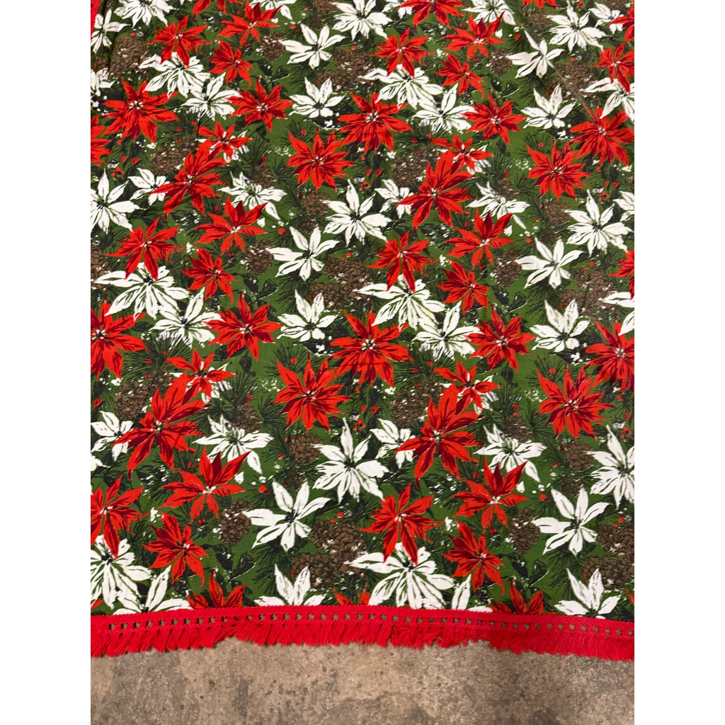 Christmas Poinsettia Fabric Table Cloth Linen Serving Kitchen Dining 70s Groovy Home Decor Fringe Trim