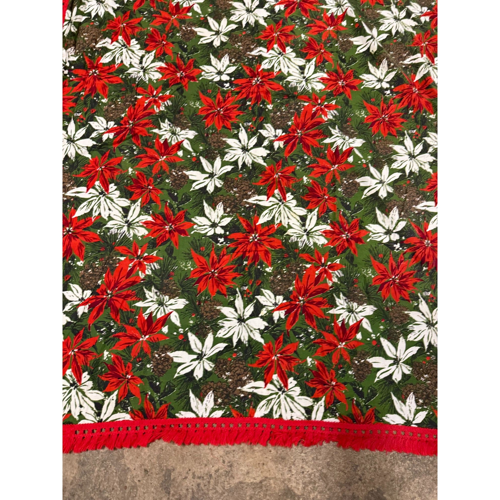 Christmas Poinsettia Fabric Table Cloth Linen Serving Kitchen Dining 70s Groovy Home Decor Fringe Trim