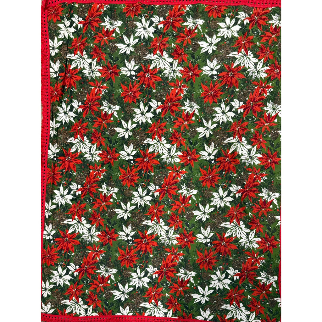 Christmas Poinsettia Fabric Table Cloth Linen Serving Kitchen Dining 70s Groovy Home Decor Fringe Trim
