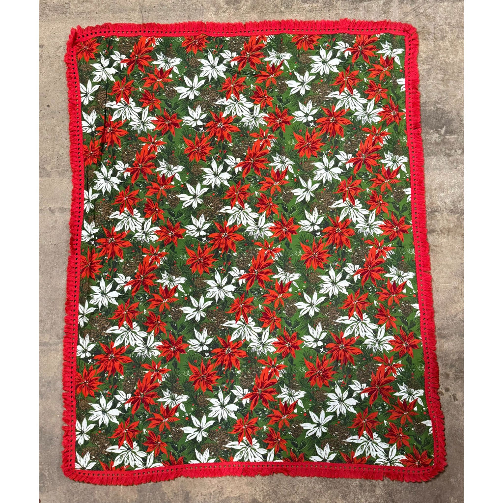 Christmas Poinsettia Fabric Table Cloth Linen Serving Kitchen Dining 70s Groovy Home Decor Fringe Trim