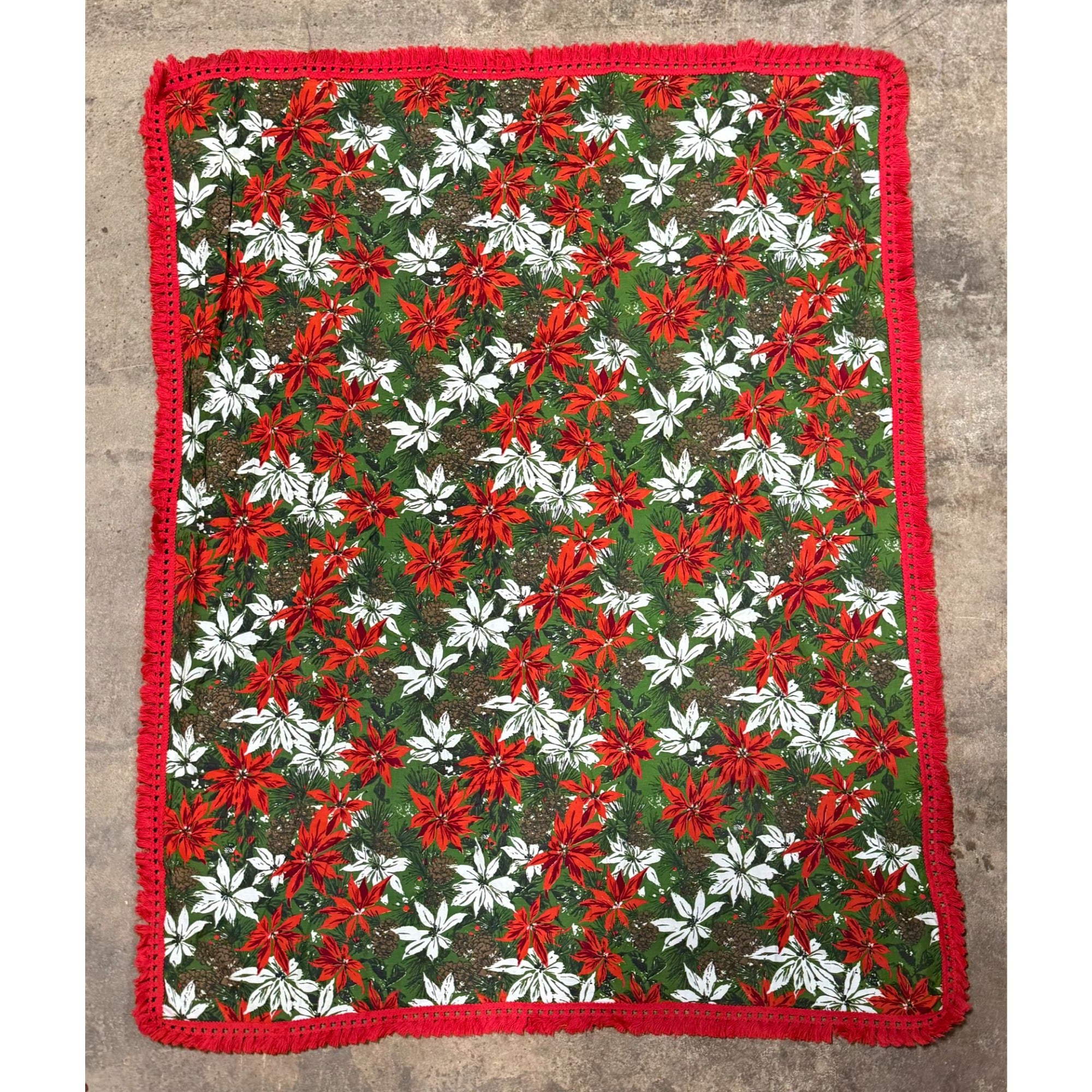 Christmas Poinsettia Fabric Table Cloth Linen Serving Kitchen Dining 70s Groovy Home Decor Fringe Trim