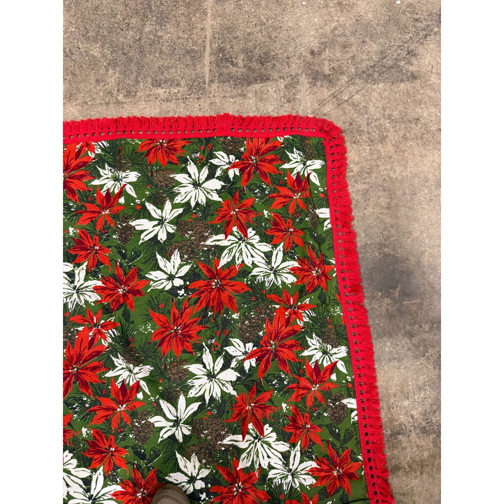 Christmas Poinsettia Fabric Table Cloth Linen Serving Kitchen Dining 70s Groovy Home Decor Fringe Trim