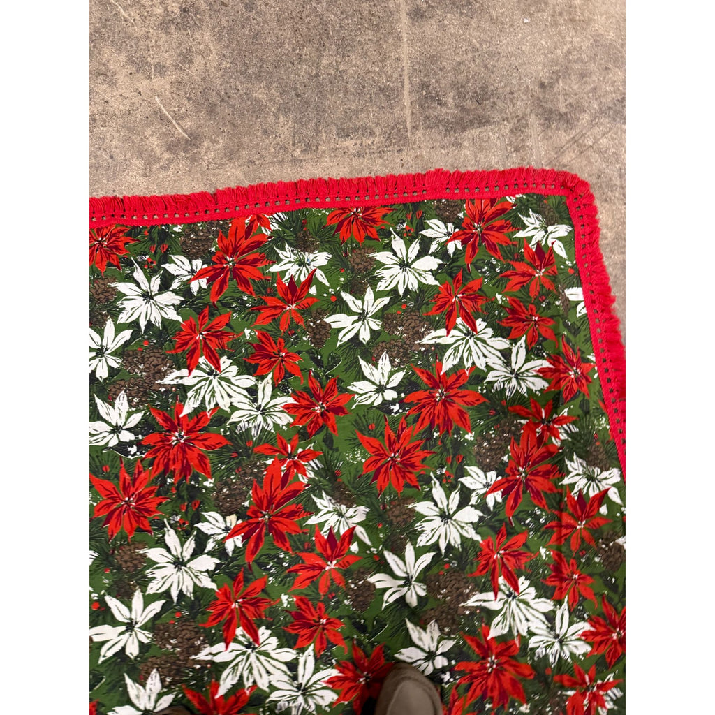 Christmas Poinsettia Fabric Table Cloth Linen Serving Kitchen Dining 70s Groovy Home Decor Fringe Trim