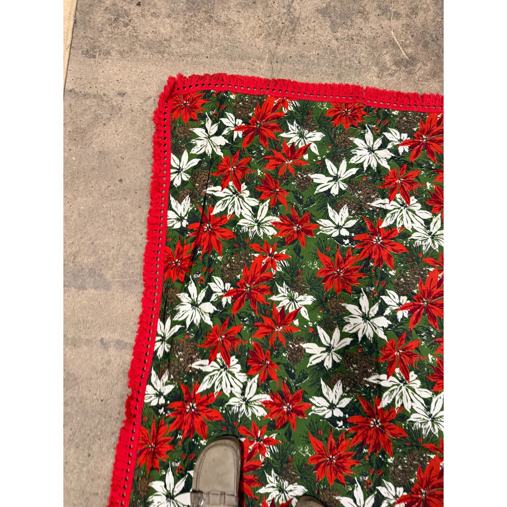 Christmas Poinsettia Fabric Table Cloth Linen Serving Kitchen Dining 70s Groovy Home Decor Fringe Trim