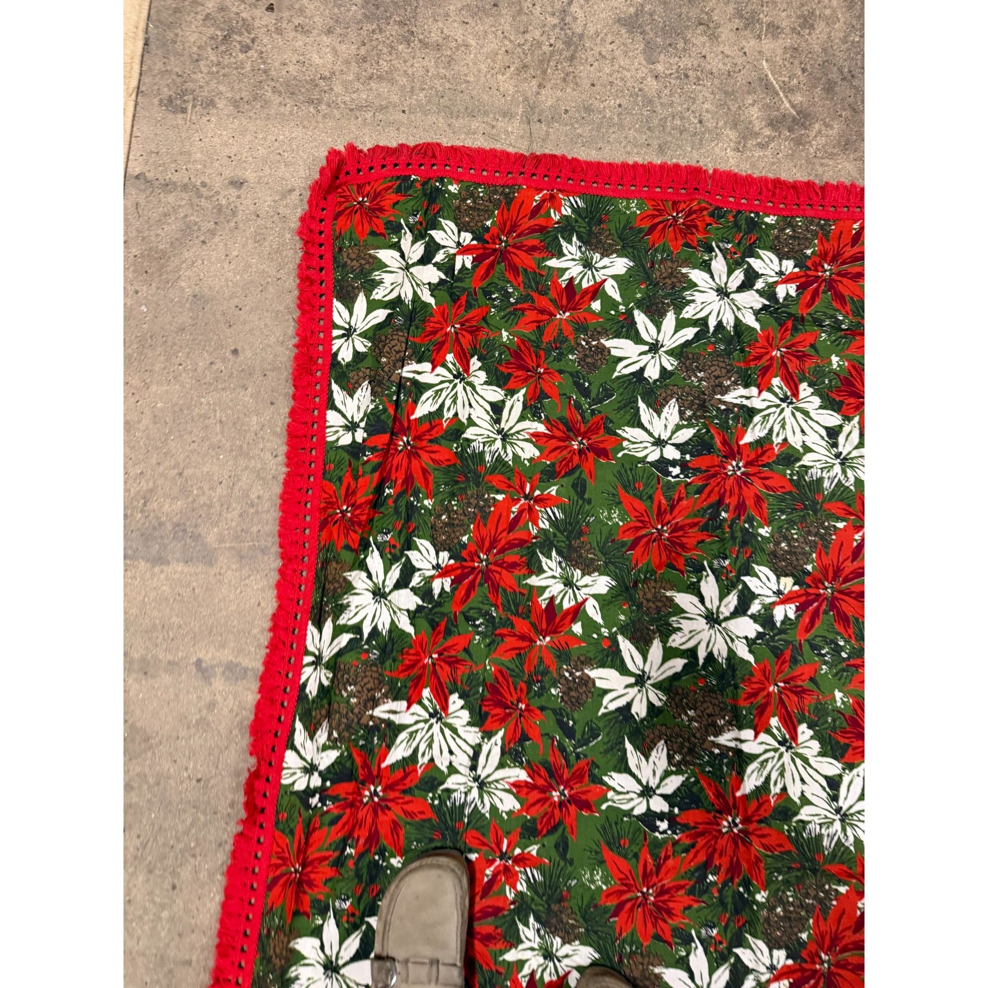 Christmas Poinsettia Fabric Table Cloth Linen Serving Kitchen Dining 70s Groovy Home Decor Fringe Trim