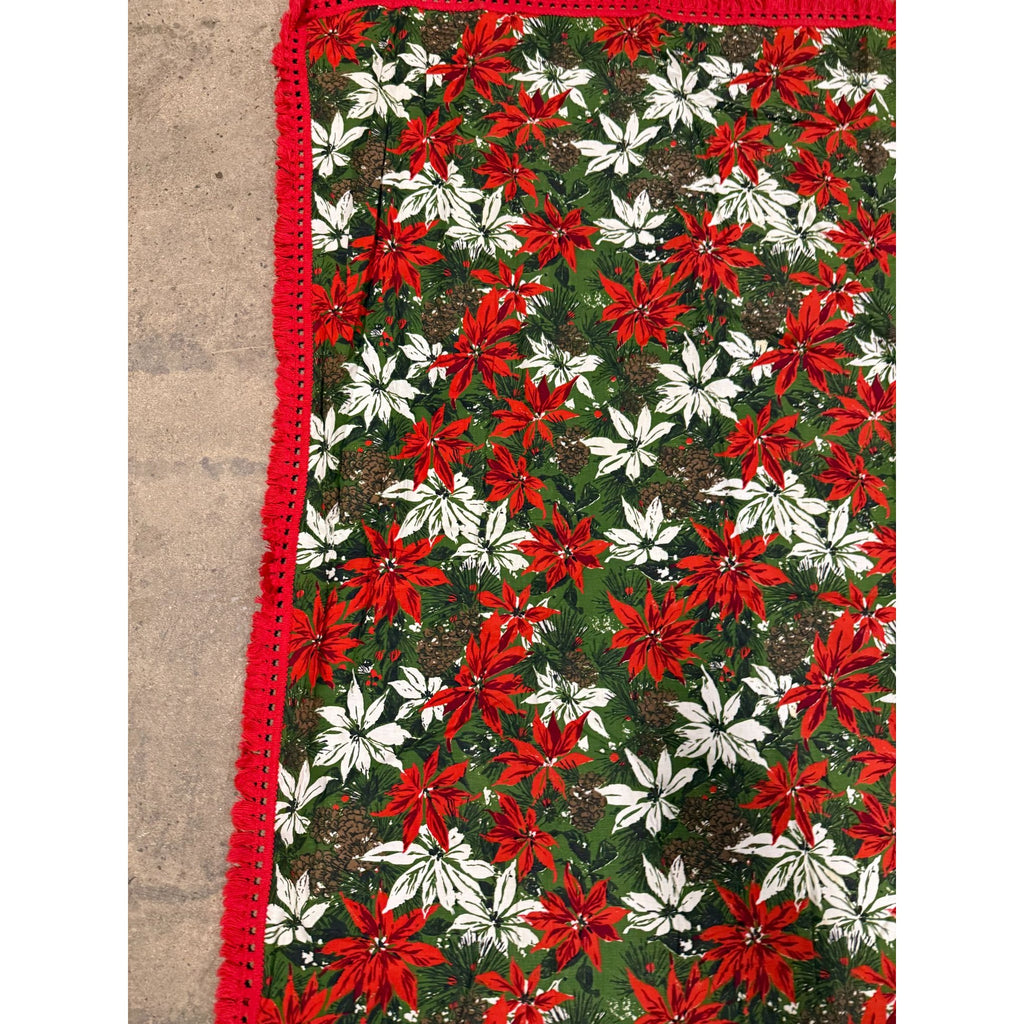 Christmas Poinsettia Fabric Table Cloth Linen Serving Kitchen Dining 70s Groovy Home Decor Fringe Trim