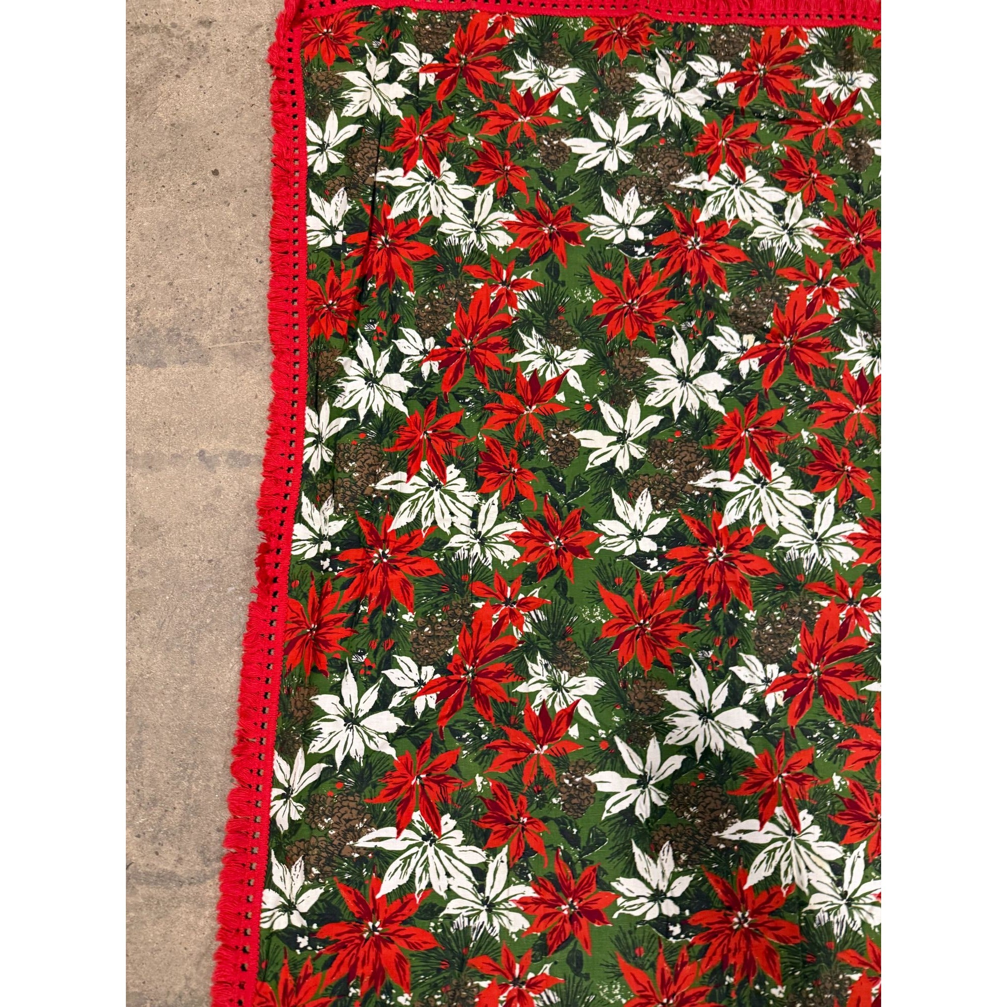 Christmas Poinsettia Fabric Table Cloth Linen Serving Kitchen Dining 70s Groovy Home Decor Fringe Trim