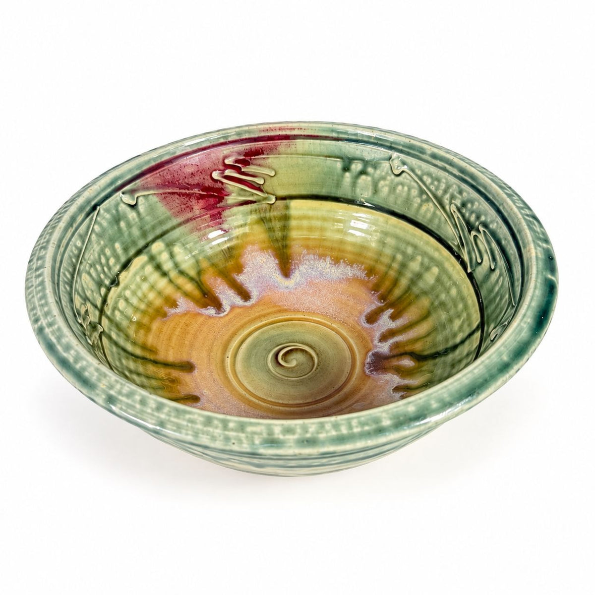Pottery Bowl Hand Thrown Geoffrey Lloyd potter North Carolina Drip Glaze Green Handmade Collectible Piedmont NC
