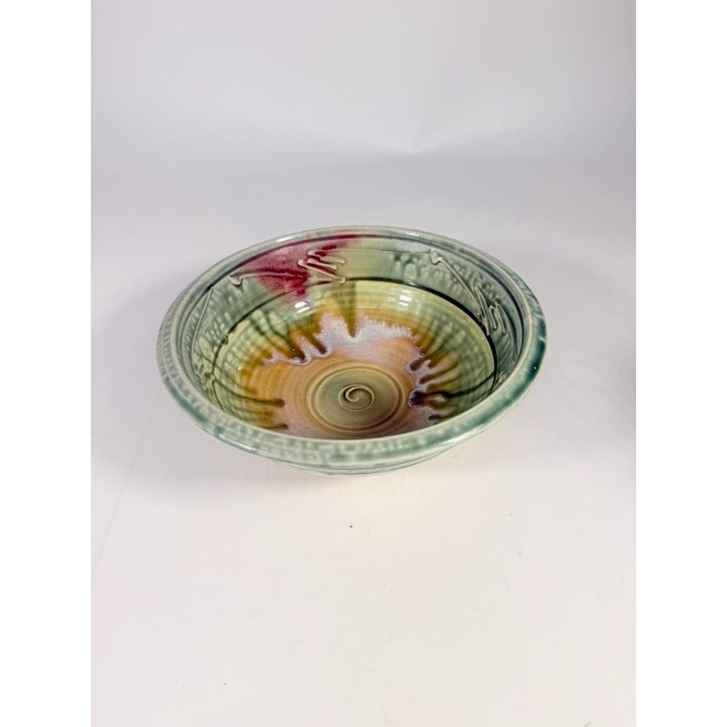 Pottery Bowl Hand Thrown Geoffrey Lloyd potter North Carolina Drip Glaze Green Handmade Collectible Piedmont NC