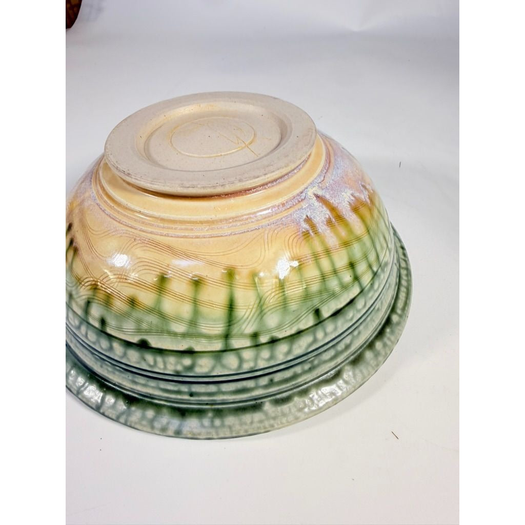 Pottery Bowl Hand Thrown Geoffrey Lloyd potter North Carolina Drip Glaze Green Handmade Collectible Piedmont NC
