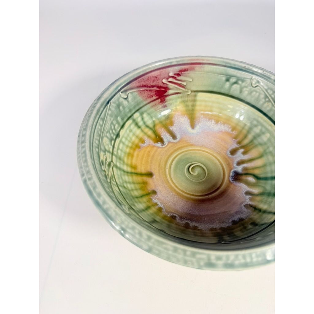 Pottery Bowl Hand Thrown Geoffrey Lloyd potter North Carolina Drip Glaze Green Handmade Collectible Piedmont NC