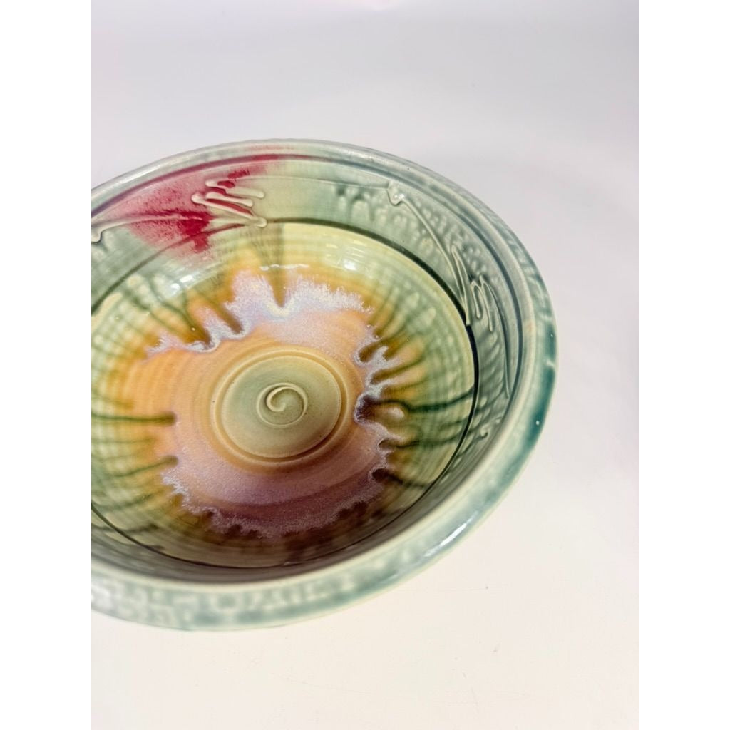 Pottery Bowl Hand Thrown Geoffrey Lloyd potter North Carolina Drip Glaze Green Handmade Collectible Piedmont NC