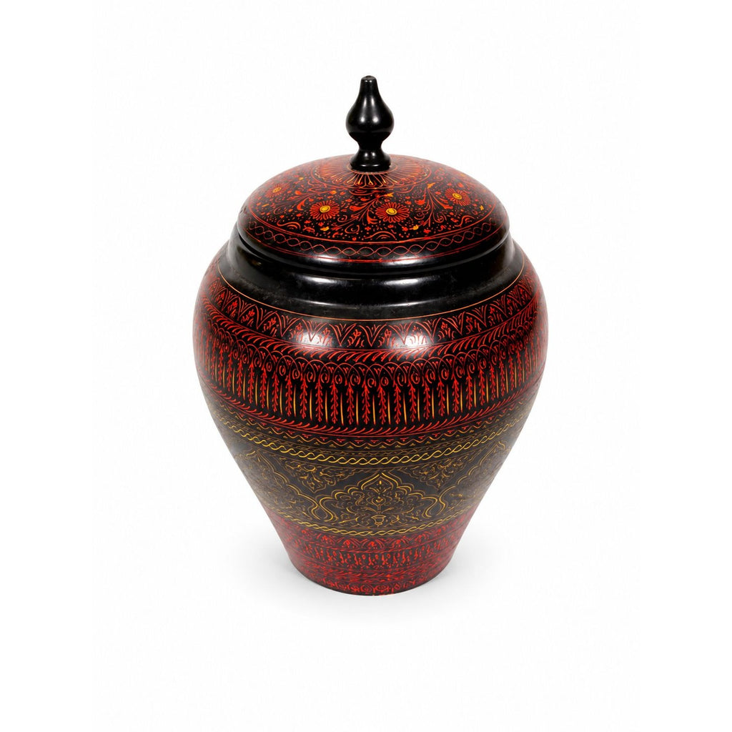 Jar Urn Canister Hand Carved Wooden Lacquer Pakistan Naqashi Turkish Handcrafted Shelf Kitchen Kitchen Decor Red Black Flower Floral