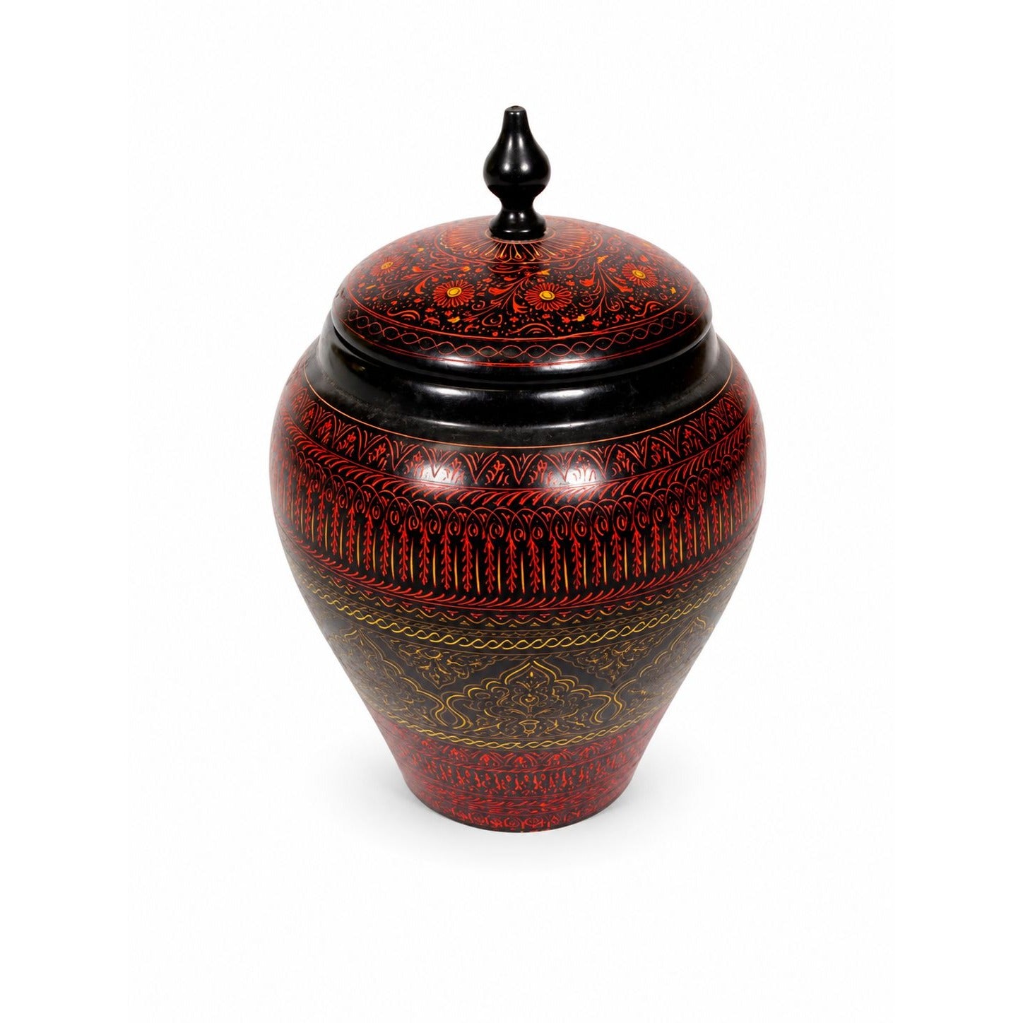 Jar Urn Canister Hand Carved Wooden Lacquer Pakistan Naqashi Turkish Handcrafted Shelf Kitchen Kitchen Decor Red Black Flower Floral