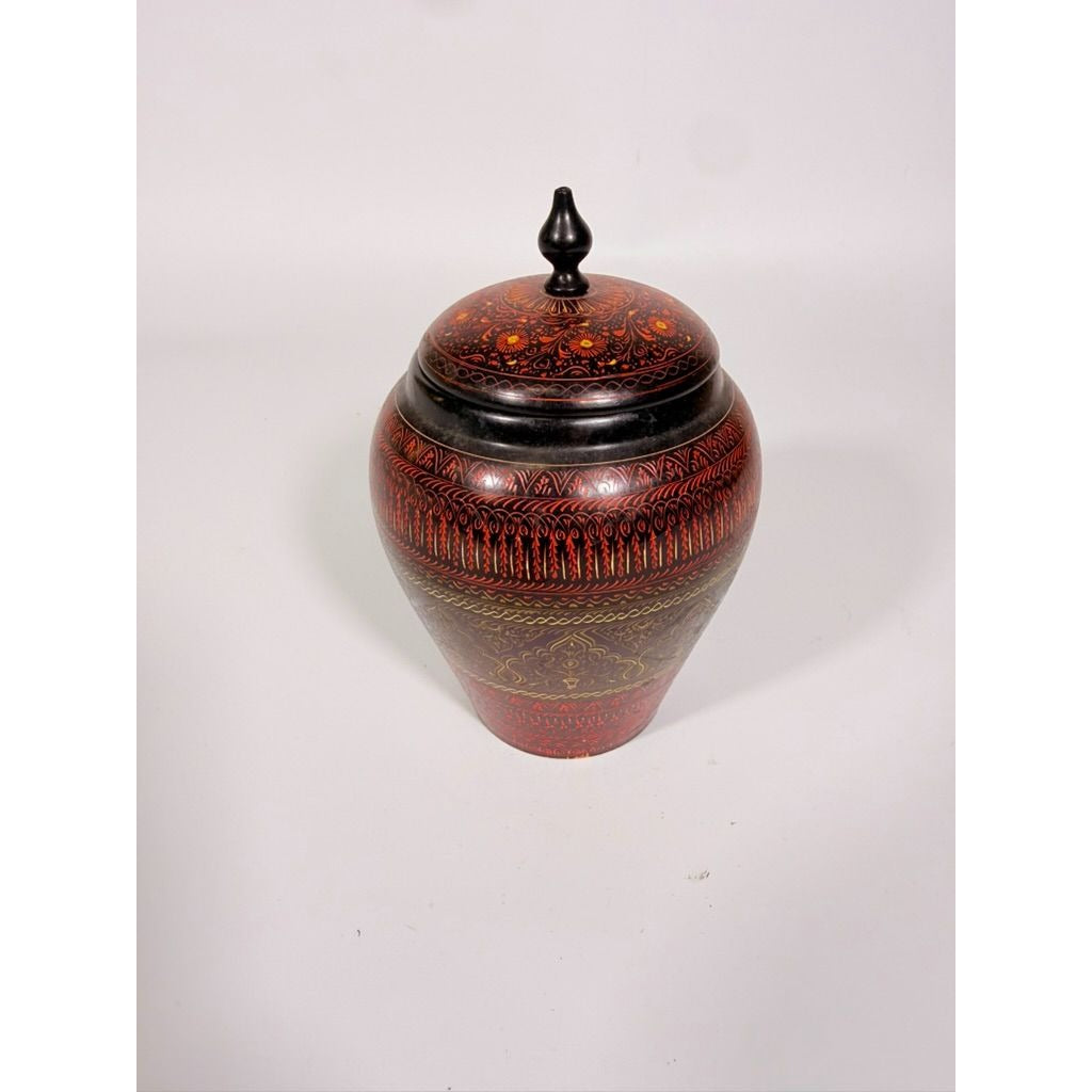 Jar Urn Canister Hand Carved Wooden Lacquer Pakistan Naqashi Turkish Handcrafted Shelf Kitchen Kitchen Decor Red Black Flower Floral