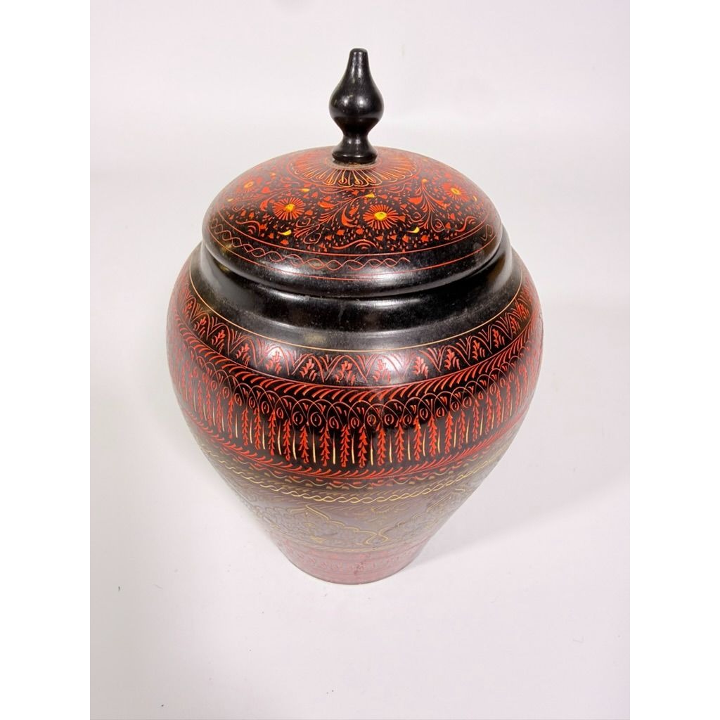 Jar Urn Canister Hand Carved Wooden Lacquer Pakistan Naqashi Turkish Handcrafted Shelf Kitchen Kitchen Decor Red Black Flower Floral