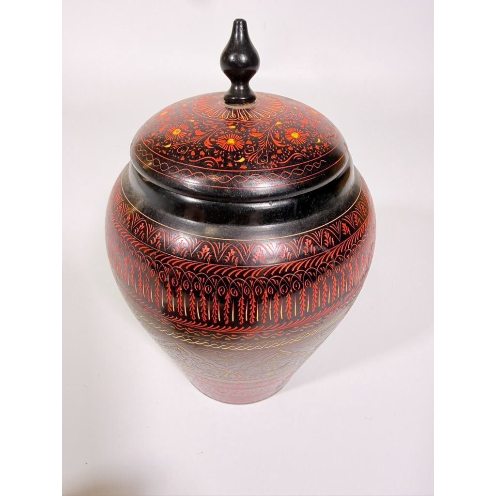 Jar Urn Canister Hand Carved Wooden Lacquer Pakistan Naqashi Turkish Handcrafted Shelf Kitchen Kitchen Decor Red Black Flower Floral