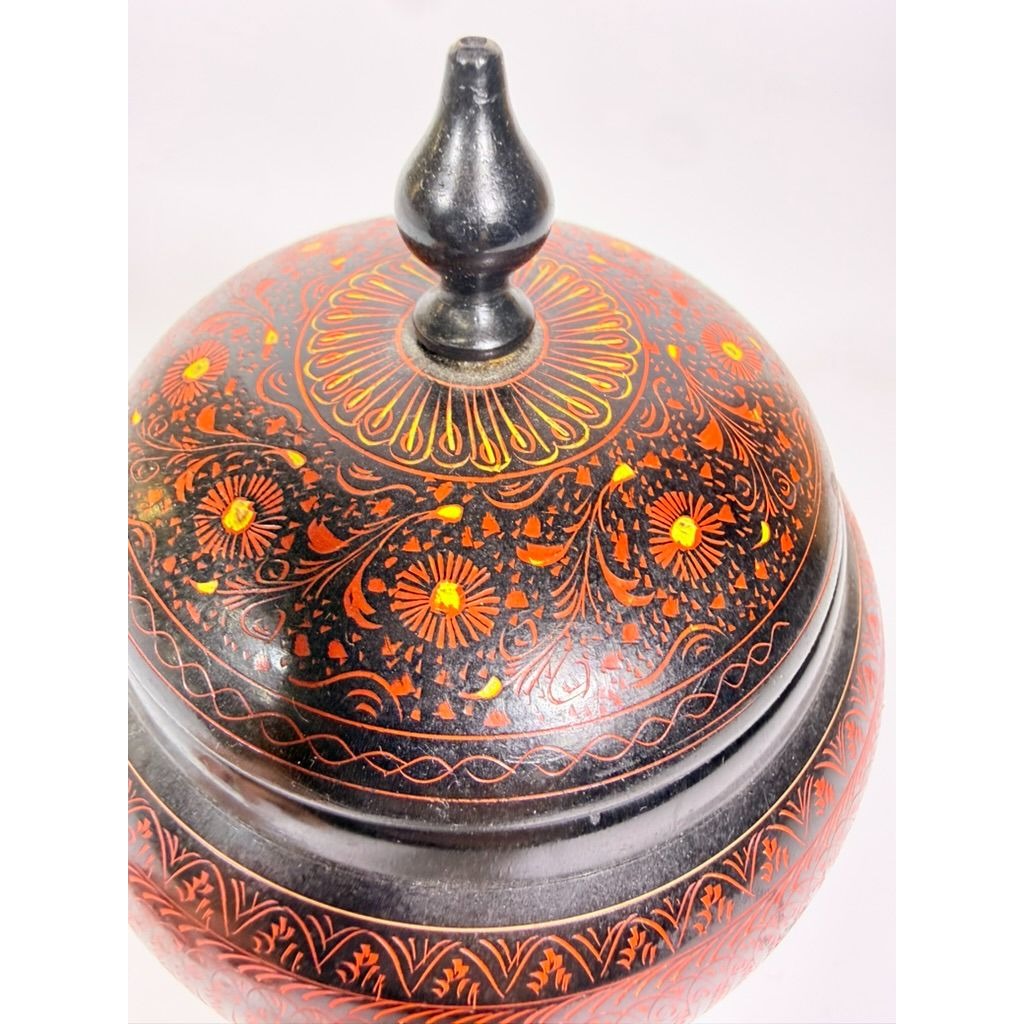Jar Urn Canister Hand Carved Wooden Lacquer Pakistan Naqashi Turkish Handcrafted Shelf Kitchen Kitchen Decor Red Black Flower Floral
