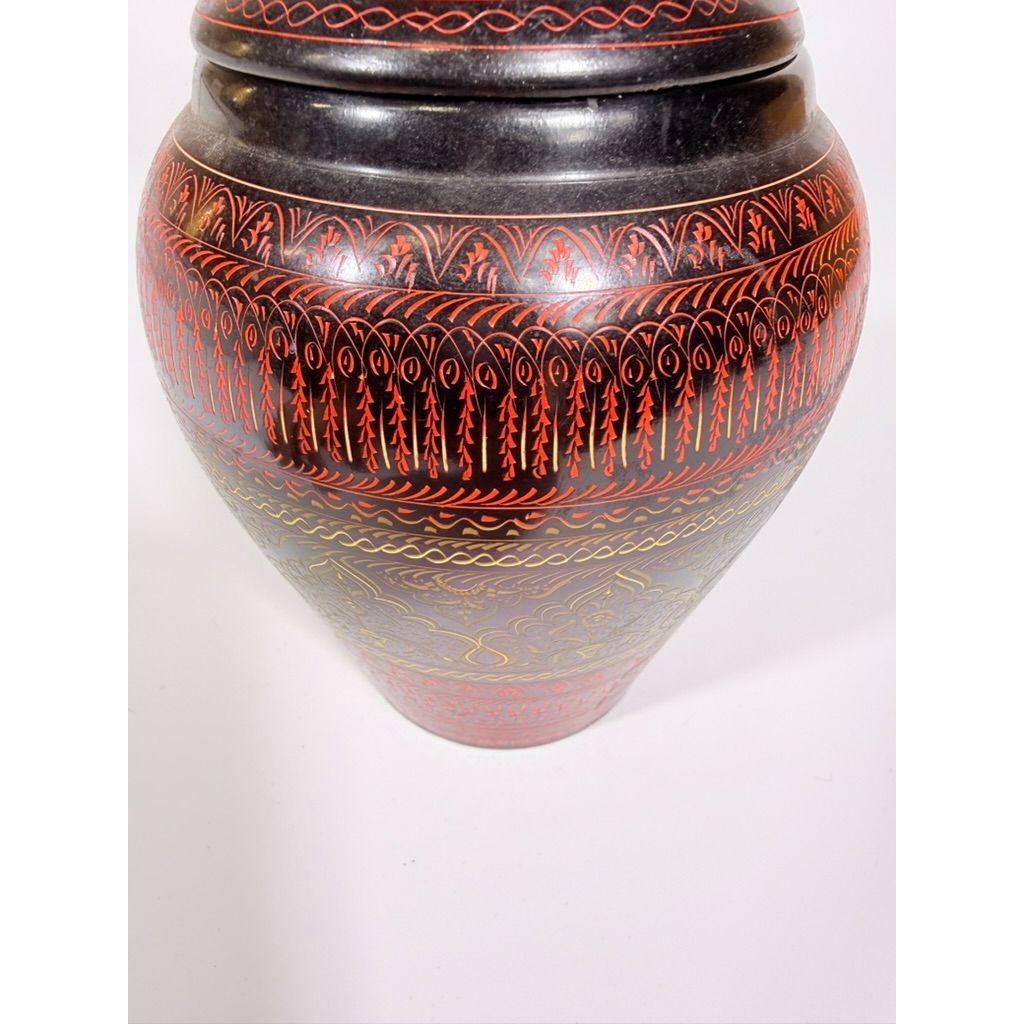 Jar Urn Canister Hand Carved Wooden Lacquer Pakistan Naqashi Turkish Handcrafted Shelf Kitchen Kitchen Decor Red Black Flower Floral