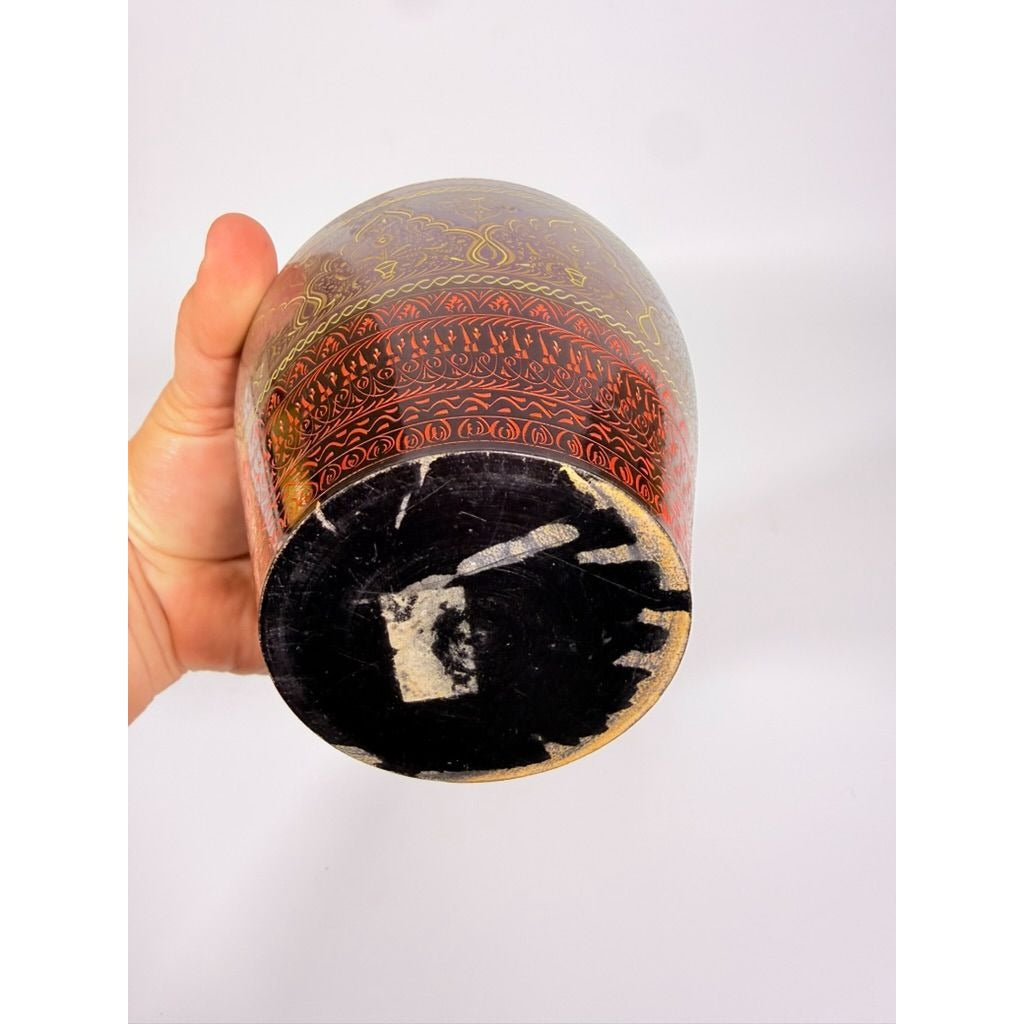 Jar Urn Canister Hand Carved Wooden Lacquer Pakistan Naqashi Turkish Handcrafted Shelf Kitchen Kitchen Decor Red Black Flower Floral