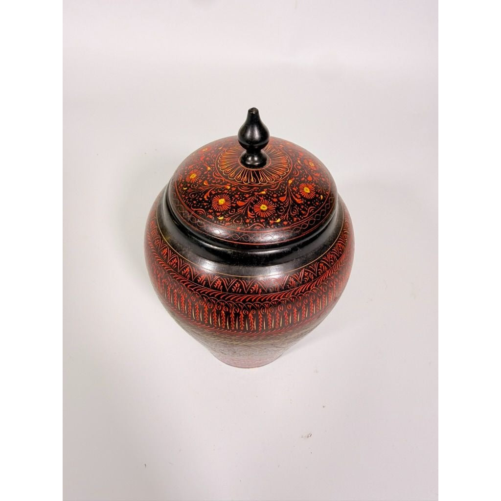 Jar Urn Canister Hand Carved Wooden Lacquer Pakistan Naqashi Turkish Handcrafted Shelf Kitchen Kitchen Decor Red Black Flower Floral
