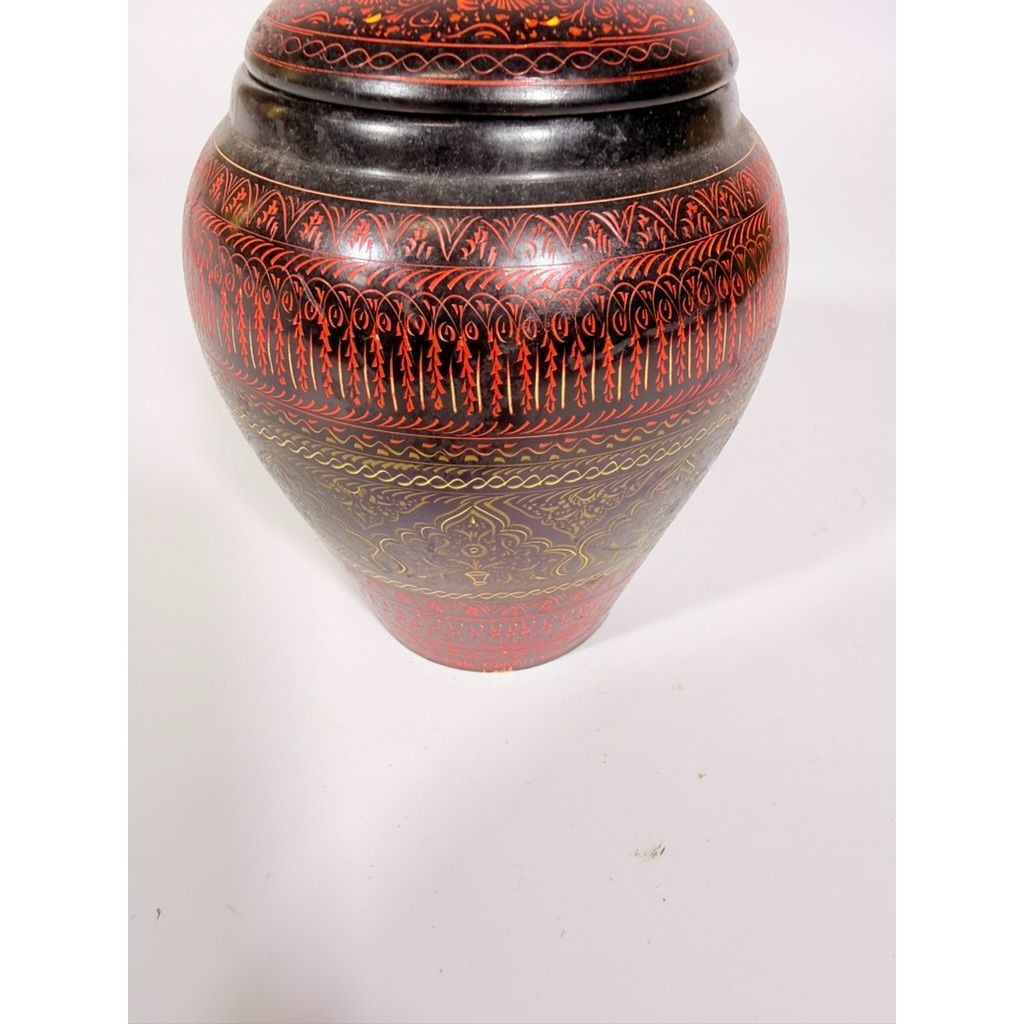 Jar Urn Canister Hand Carved Wooden Lacquer Pakistan Naqashi Turkish Handcrafted Shelf Kitchen Kitchen Decor Red Black Flower Floral