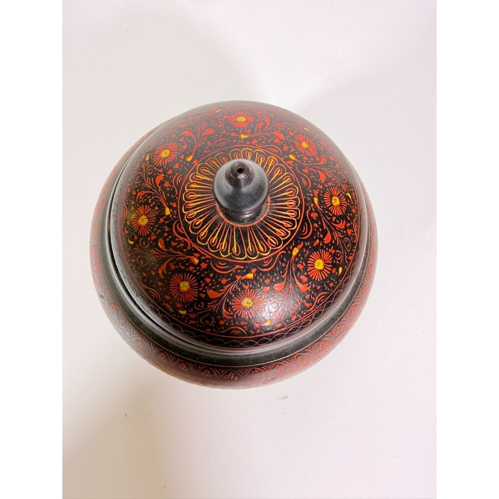 Jar Urn Canister Hand Carved Wooden Lacquer Pakistan Naqashi Turkish Handcrafted Shelf Kitchen Kitchen Decor Red Black Flower Floral