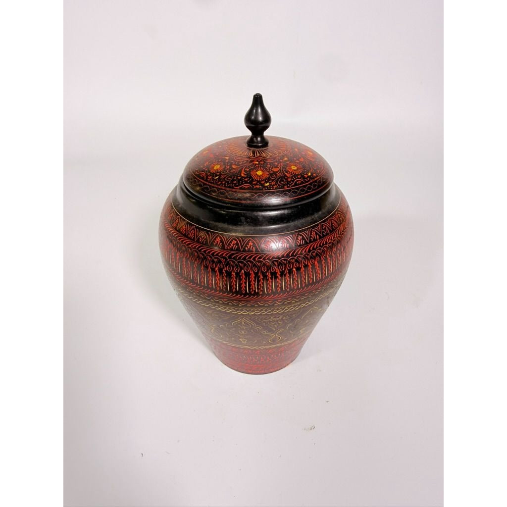 Jar Urn Canister Hand Carved Wooden Lacquer Pakistan Naqashi Turkish Handcrafted Shelf Kitchen Kitchen Decor Red Black Flower Floral