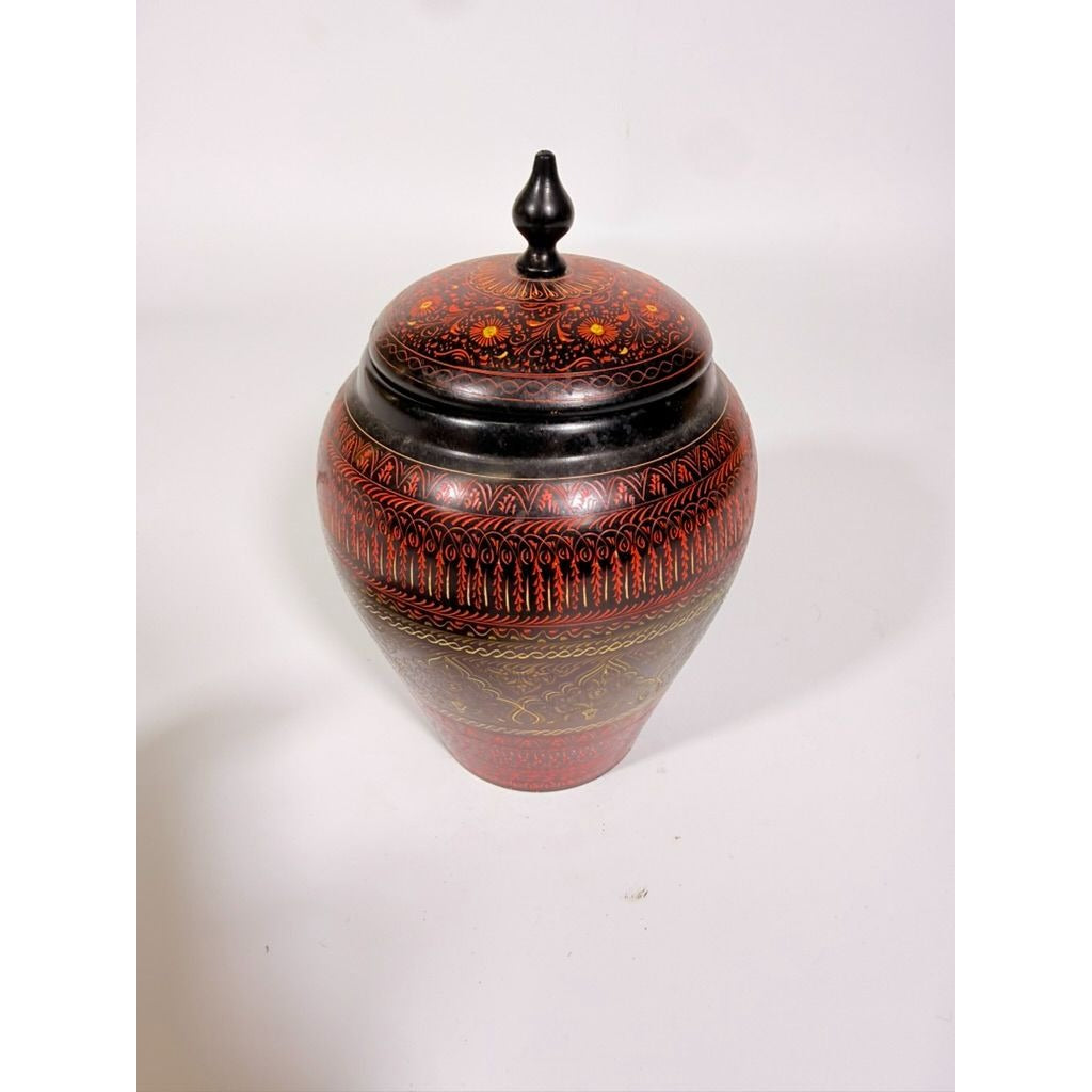 Jar Urn Canister Hand Carved Wooden Lacquer Pakistan Naqashi Turkish Handcrafted Shelf Kitchen Kitchen Decor Red Black Flower Floral