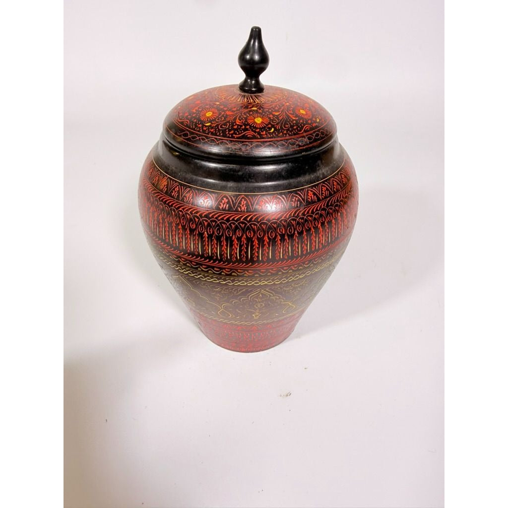 Jar Urn Canister Hand Carved Wooden Lacquer Pakistan Naqashi Turkish Handcrafted Shelf Kitchen Kitchen Decor Red Black Flower Floral