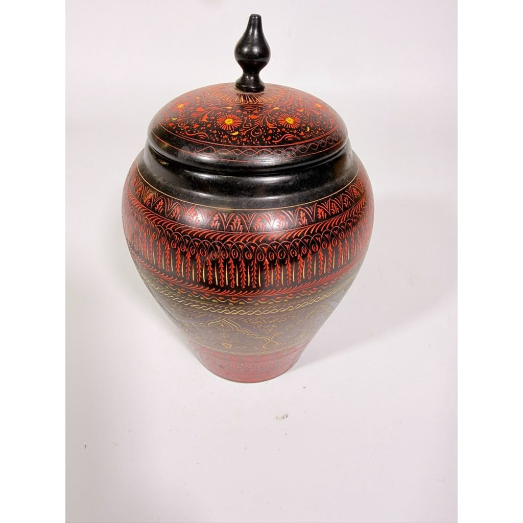 Jar Urn Canister Hand Carved Wooden Lacquer Pakistan Naqashi Turkish Handcrafted Shelf Kitchen Kitchen Decor Red Black Flower Floral